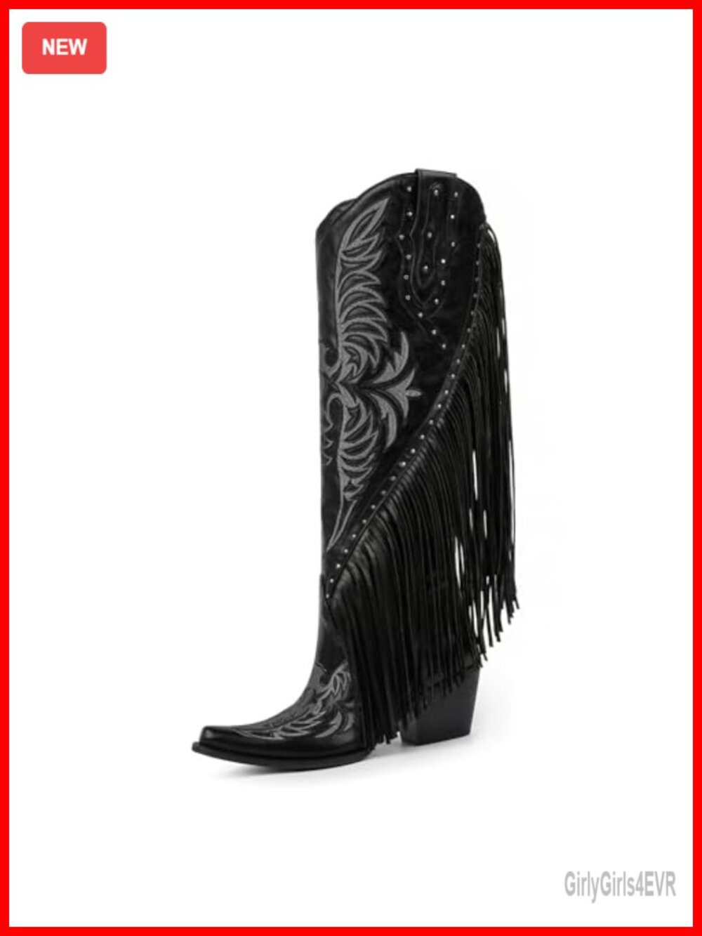 Faux Leather Fringe Cowgirl Boots Studded Embroidered Pointed Toe Chunky Heel